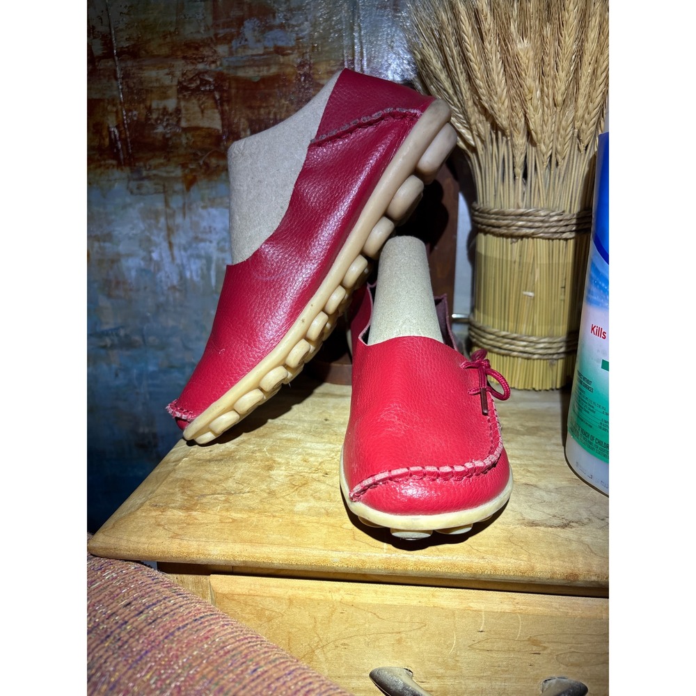 Red Pebbled Leather Driving Loafers Whipstitch Bow Slip On Moccasins Flat Shoes
